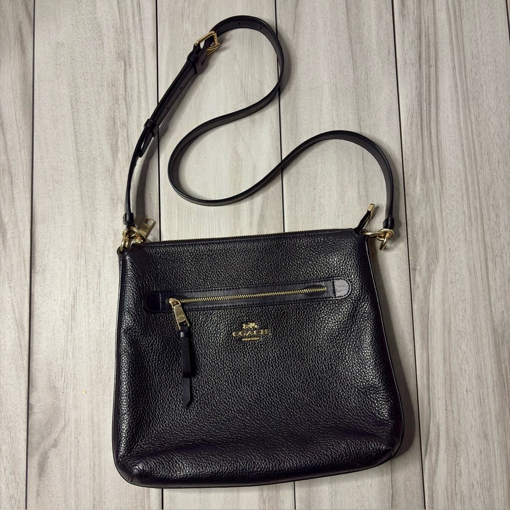 Coach Black Pebbled Leather Mae File Crossbody Messenger Bag Gold Tone F34823